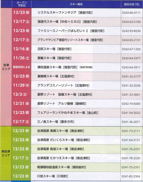 スキー場オープン一覧